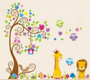 Wandtattoo Dschungel Wald Löwe Giraffe, Eichhörnchen Eule auf bunten Baum Wandsticker für Kinderzimmer Kindergarten Schlafzimmer